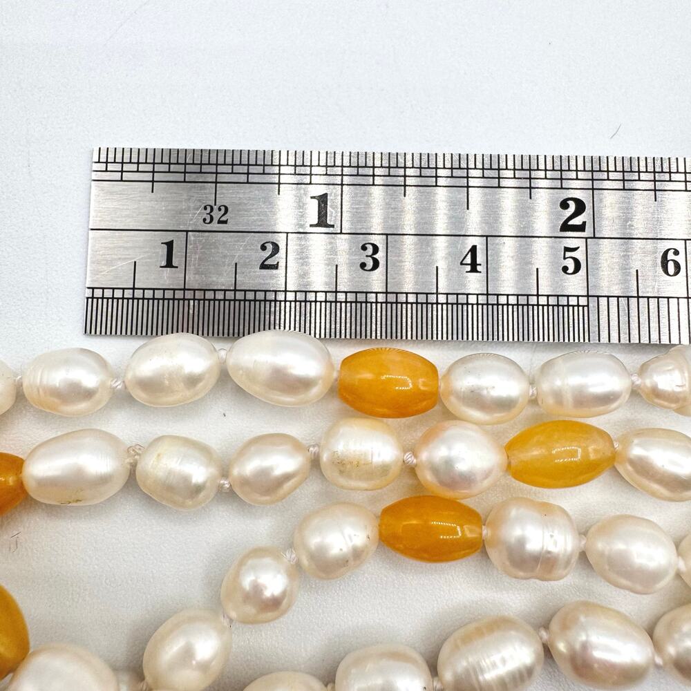 Flapper Length Cultured Pearl and Peach Gemstone Necklace Knotted Beachy Summery - Picture 15 of 16